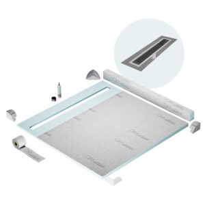 QM Shower Pan Kit 80″ with a 58″ Delta Linear Drain Flange Edge in Black