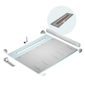 QM Shower Pan Kit 80″ with a 58″ Delta Linear Drain Flange Edge in Bronze
