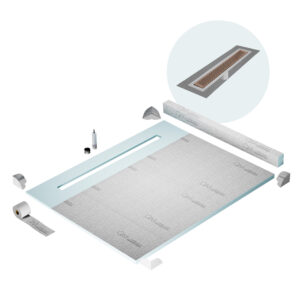 QM Shower Pan Kit 80″ with a 58″ Delta Linear Drain Flange Edge in Bronze