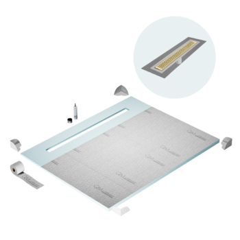 QM Shower Pan Curbless Kit 80" with a 58" Delta Linear Drain Flange Edge in Gold