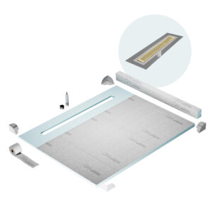 QM Shower Pan Kit 80″ with a 58″ Delta Linear Drain Flange Edge in Gold
