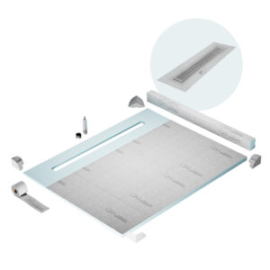 QM Shower Pan Kit 80″ with a 58″ Delta Linear Drain Flange Edge in Polished