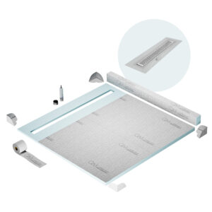 QM Shower Pan Kit 80″ with a 58″ Delta Linear Drain Flange Edge in Satin