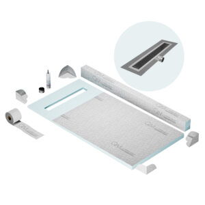 QM Shower Pan Kit 32″ with a 24″ Delta Linear Drain Flange Edge Side Outlet in Black