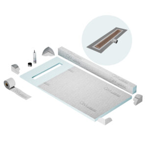 QM Shower Pan Kit 32″ with a 24″ Delta Linear Drain Flange Edge Side Outlet in Bronze