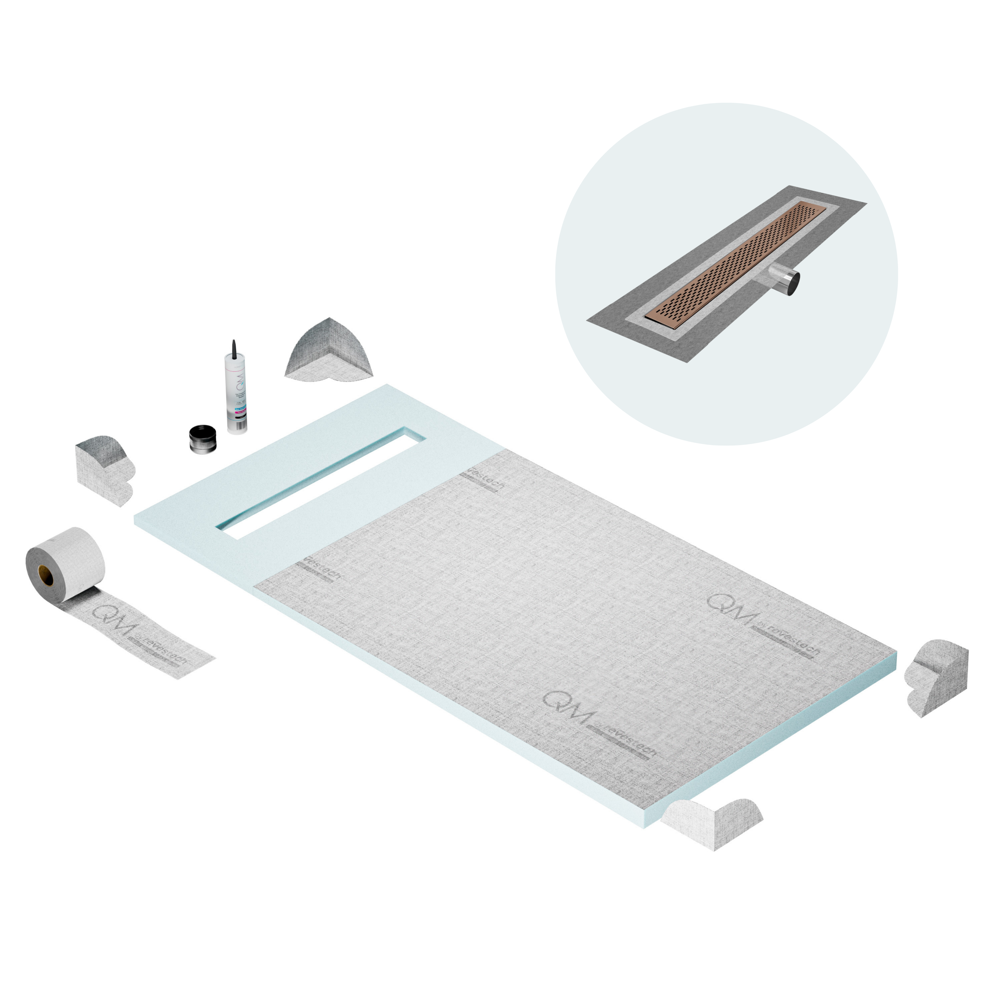 QM Shower Pan Curbless Kit 32" with a 24" Delta Linear Drain Flange Edge Side Outlet in Bronze