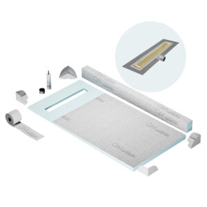 QM Shower Pan Kit 32″ with a 24″ Delta Linear Drain Flange Edge Side Outlet in Gold