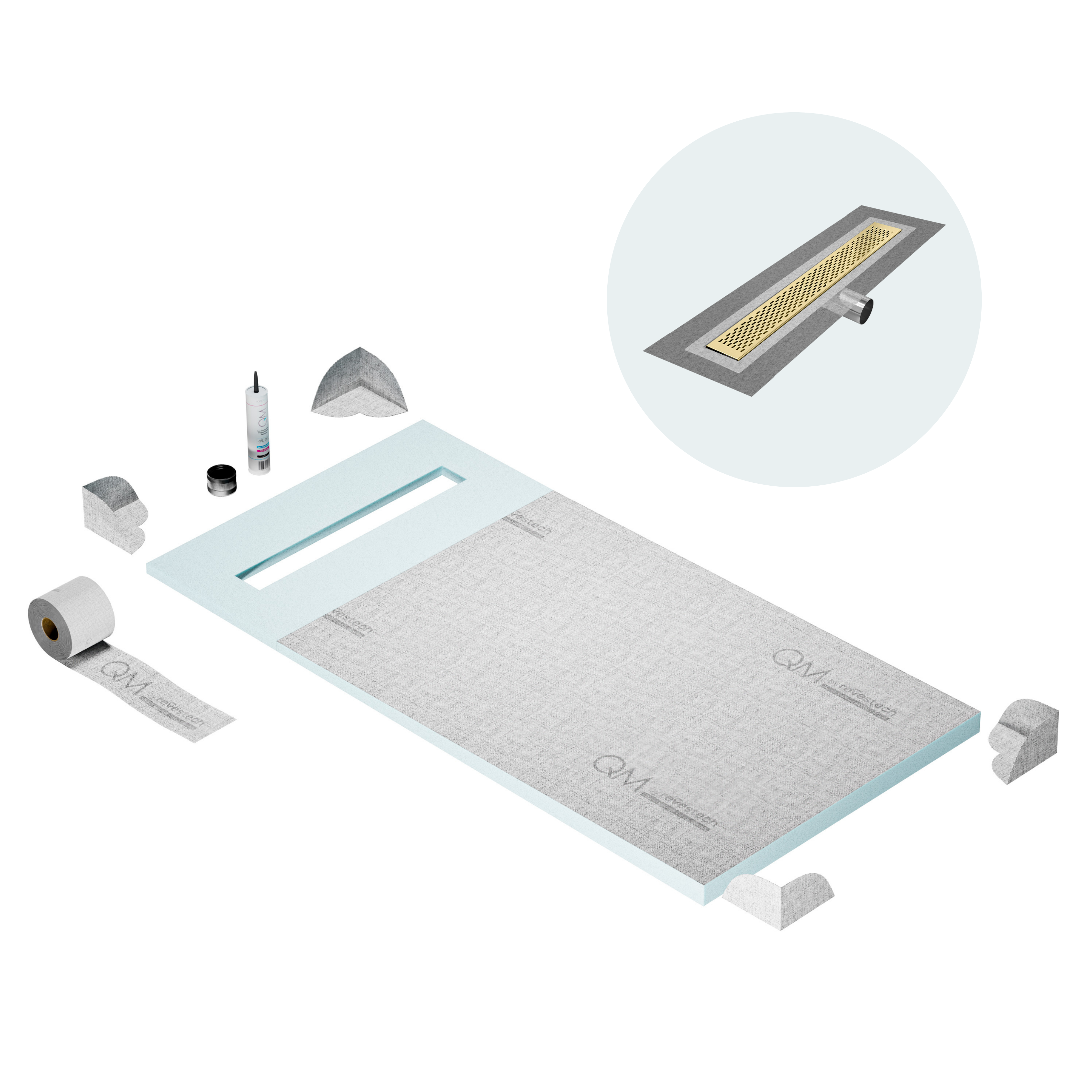 QM Shower Pan Curbless Kit 32" with a 24" Delta Linear Drain Flange Edge Side Outlet in Gold