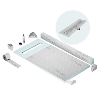 QM Shower Pan Kit 32" with a 24" Delta Linear Drain Flange Edge Side Outlet in Polished