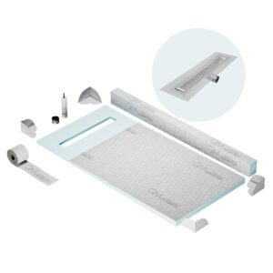 QM Shower Pan Kit 32″ with a 24″ Delta Linear Drain Flange Edge Side Outlet in Polished