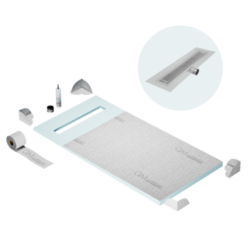 QM Shower Pan Curbless Kit 32" with a 24" Delta Linear Drain Flange Edge Side Outlet in Satin