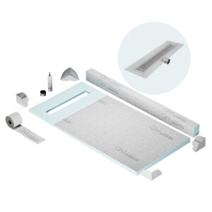 QM Shower Pan Kit 32″ with a 24″ Delta Linear Drain Flange Edge Side Outlet in Satin