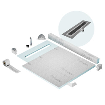 QM Shower Pan Kit 40" with a 32" Delta Linear Drain Flange Edge Side Outlet in Black