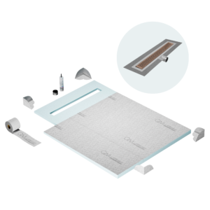 QM Shower Pan Curbless Kit 40″ with a 32″ Delta Linear Drain Flange Edge Side Outlet in Bronze