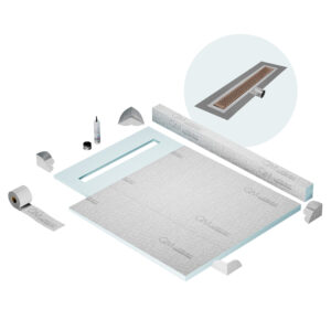 QM Shower Pan Kit 40″ with a 32″ Delta Linear Drain Flange Edge Side Outlet in Bronze