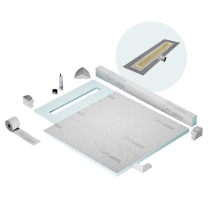 QM Shower Pan Kit 40″ with a 32″ Delta Linear Drain Flange Edge Side Outlet in Gold