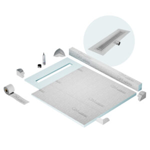 QM Shower Pan Kit 40″ with a 32″ Delta Linear Drain Flange Edge Side Outlet in Polished