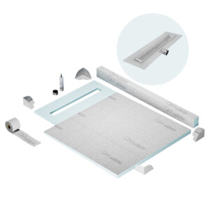 QM Shower Pan Kit 40″ with a 32″ Delta Linear Drain Flange Edge Side Outlet in Satin