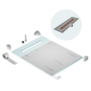 QM Shower Pan Curbless Kit 48″ with a 36″ Delta Linear Drain Flange Edge Side Outlet in Bronze