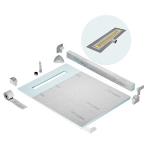 QM Shower Pan Kit 48″ with a 36″ Delta Linear Drain Flange Edge Side Outlet in Gold