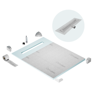 QM Shower Pan Curbless Kit 48″ with a 36″ Delta Linear Drain Flange Edge Side Outlet in Polished