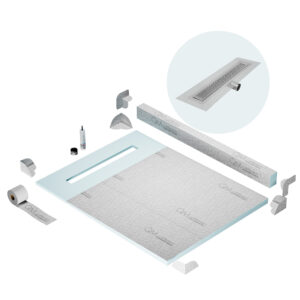QM Shower Pan Kit 48″ with a 36″ Delta Linear Drain Flange Edge Side Outlet in Polished