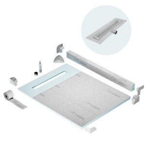 QM Shower Pan Kit 48″ with a 36″ Delta Linear Drain Flange Edge Side Outlet in Satin