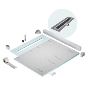 QM Shower Pan Kit 56″ with a 48″ Delta Linear Drain Flange Edge Side Outlet in Black