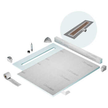 QM Shower Pan Kit 56" with a 48" Delta Linear Drain Flange Edge Side Outlet in Bronze