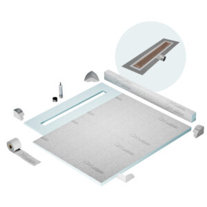 QM Shower Pan Kit 56″ with a 48″ Delta Linear Drain Flange Edge Side Outlet in Bronze