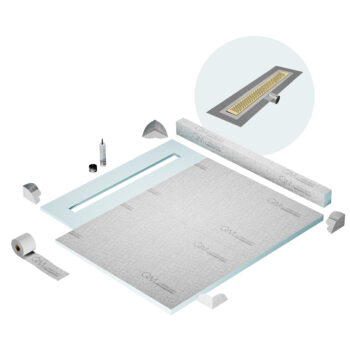 QM Shower Pan Kit 56" with a 48" Delta Linear Drain Flange Edge Side Outlet in Gold
