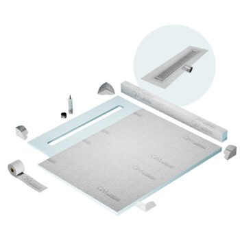 QM Shower Pan Kit 56" with a 48" Delta Linear Drain Flange Edge Side Outlet in Polished