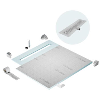 QM Shower Pan Curbless Kit 56" with a 48" Delta Linear Drain Flange Edge Side Outlet in Polished