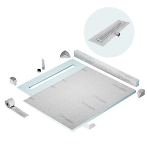 QM Shower Pan Kit 56″ with a 48″ Delta Linear Drain Flange Edge Side Outlet in Satin