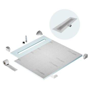 QM Shower Pan Curbless Kit 56" with a 48" Delta Linear Drain Flange Edge Side Outlet in Satin
