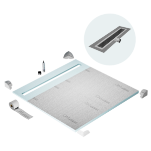 QM Shower Pan Curbless Kit 64″ with a 58″ Delta Linear Drain Flange Edge Side Outlet in Black