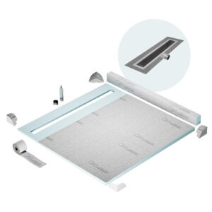 QM Shower Pan Kit 64″ with a 58″ Delta Linear Drain Flange Edge Side Outlet in Black