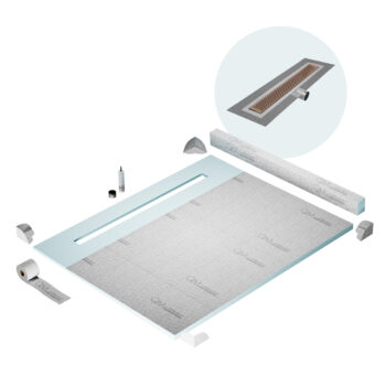 QM Shower Pan Kit 64" with a 58" Delta Linear Drain Flange Edge Side Outlet in Bronze