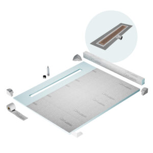 QM Shower Pan Kit 64″ with a 58″ Delta Linear Drain Flange Edge Side Outlet in Bronze