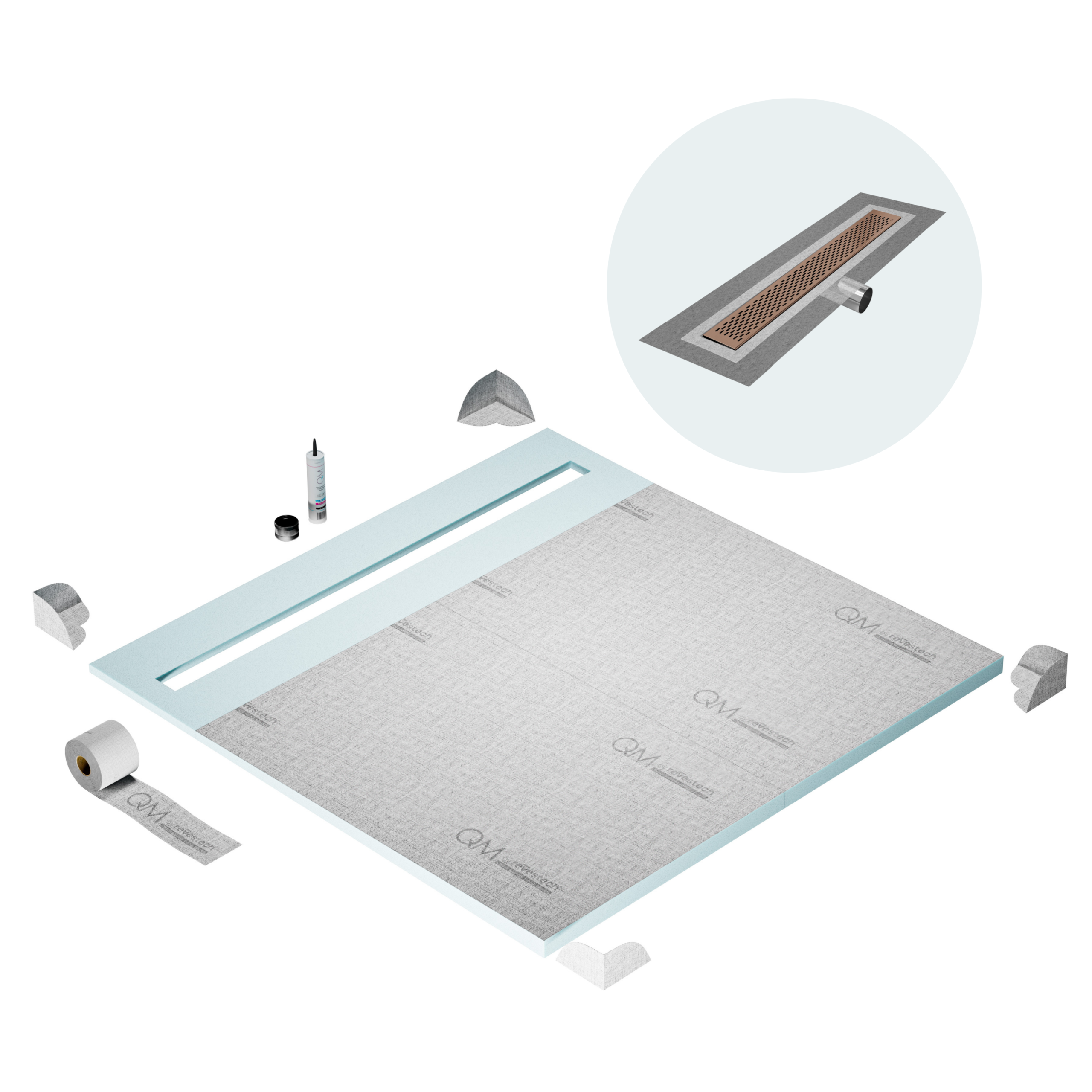 QM Shower Pan Curbless Kit 64" with a 58" Delta Linear Drain Flange Edge Side Outlet in Bronze