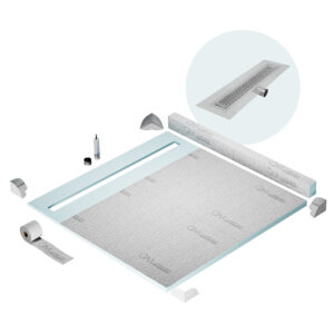 QM Shower Pan Kit 64″ with a 58″ Delta Linear Drain Flange Edge Side Outlet in Polished