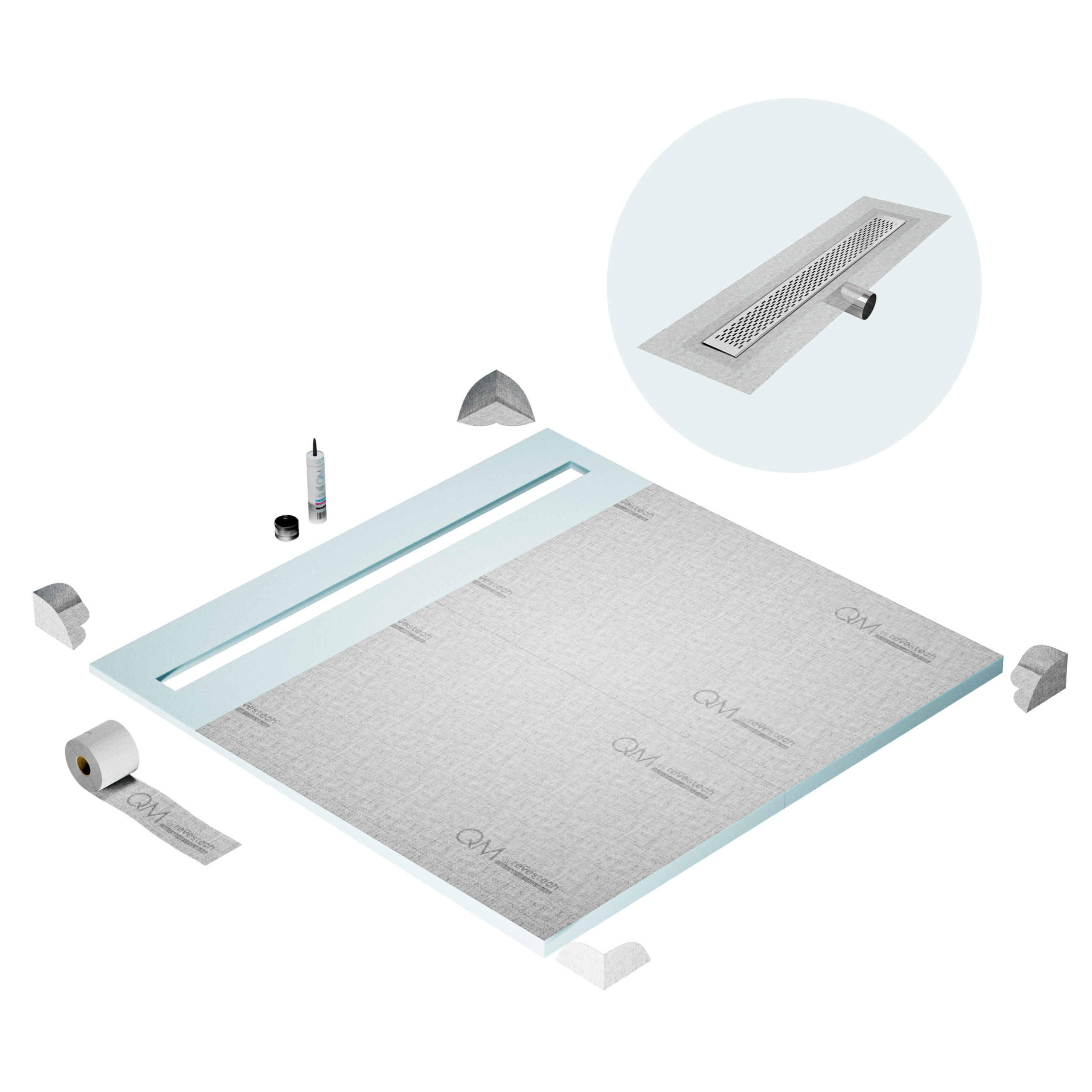 QM Shower Pan Curbless Kit 64" with a 58" Delta Linear Drain Flange Edge Side Outlet in Polished