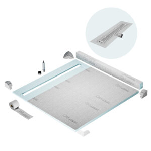 QM Shower Pan Kit 64″ with a 58″ Delta Linear Drain Flange Edge Side Outlet in Satin