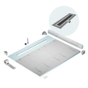 QM Shower Pan Kit 80″ with a 58″ Delta Linear Drain Flange Edge Side Outlet in Black