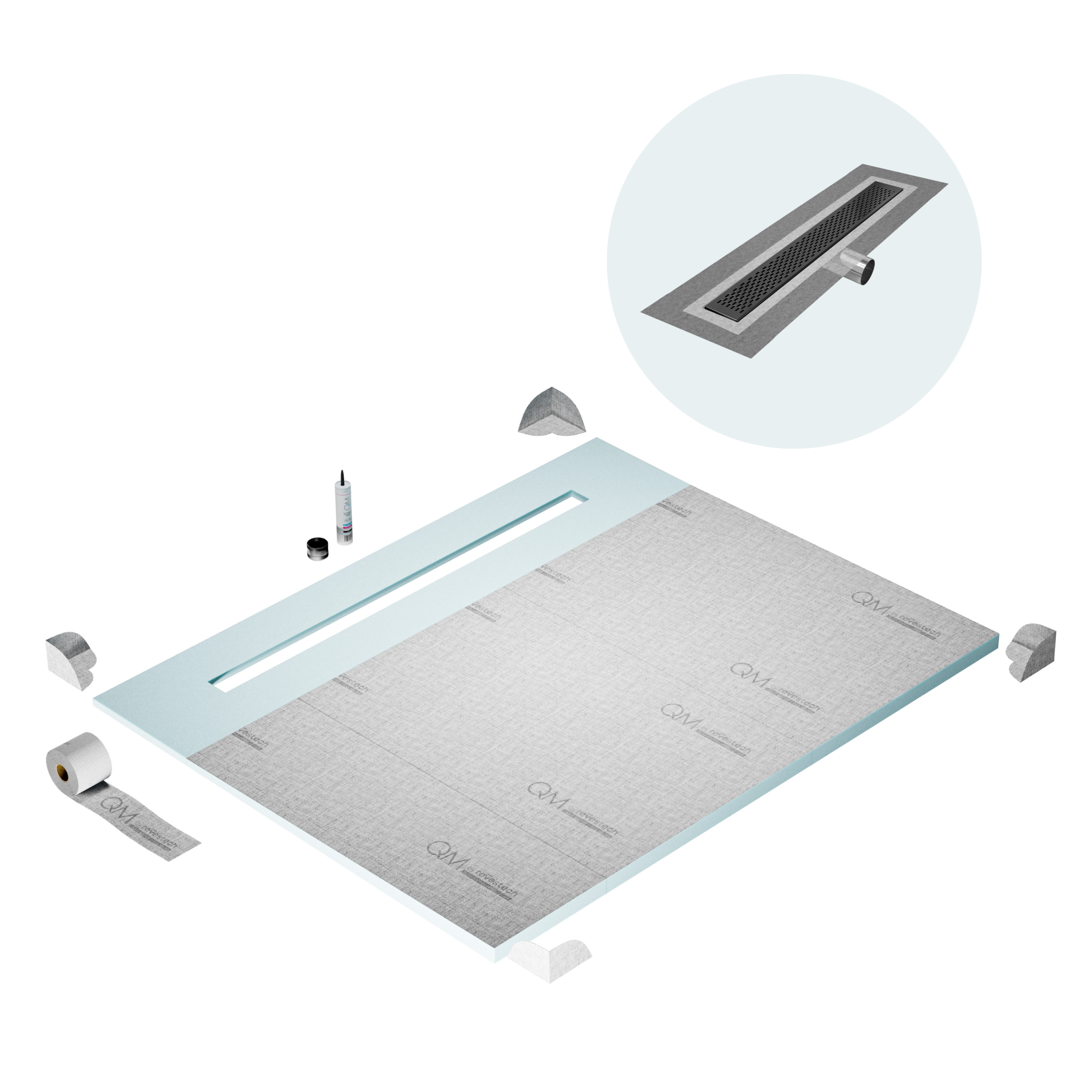 QM Shower Pan Curbless Kit 80" with a 58" Delta Linear Drain Flange Edge Side Outlet in Black