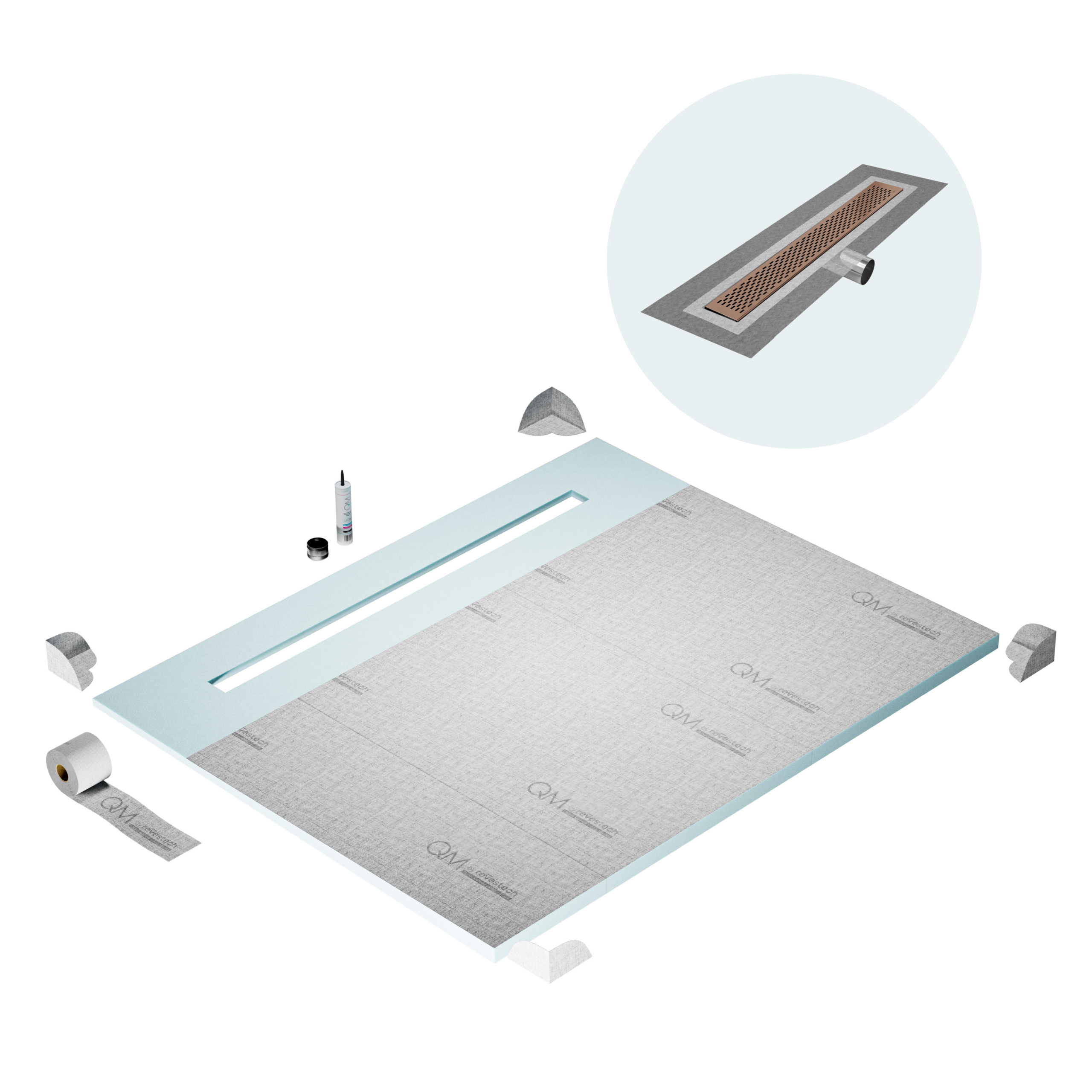 QM Shower Pan Curbless Kit 80" with a 58" Delta Linear Drain Flange Edge Side Outlet in Bronze