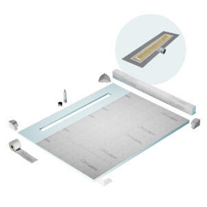 QM Shower Pan Kit 80″ with a 58″ Delta Linear Drain Flange Edge Side Outlet in Gold