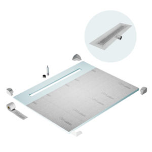 QM Shower Pan Curbless Kit 80″ with a 58″ Delta Linear Drain Flange Edge Side Outlet in Satin