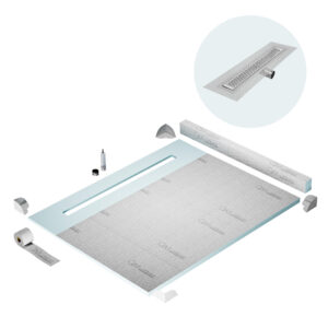 QM Shower Pan Kit 80″ with a 58″ Delta Linear Drain Flange Edge Side Outlet in Satin