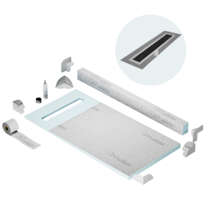 QM Shower Pan Kit 32″ with a 24″ Kai Linear Drain Flange Edge in Black